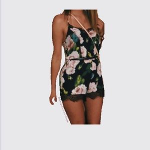 Sexy Floral Lace Chiffon V-Neck Playsuit Romper w Criss Cross Back Straps